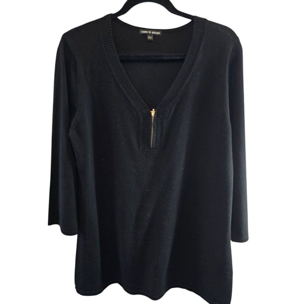 CABLE & GAUGE BLACK TUNIC SWEATER SIZE LARGE FRONT ZIP 3/4 SLEEVES